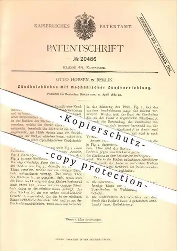 original Patent - Otto Hoesen in Berlin , 1882 , Zündholzbüchse mit mechanischer Zündvorrichtung !!!