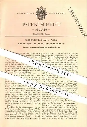 original Patent - Gebrüder Klumak in Wien , 1882 , Neuerungen an Repetiertaschenuhren , Uhren , Uhrmacher !!!