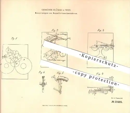 original Patent - Gebrüder Klumak in Wien , 1882 , Neuerungen an Repetiertaschenuhren , Uhren , Uhrmacher !!!