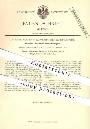 original Patent - Dr. Karl Möller in Kupferhammer bei Brackwede , 1881 , Instrument für hohe Wärmegrade , Bielefeld !!!