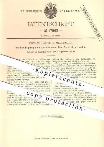 original Patent - Conrad Groth in Melsungen , 1881 , Befestigungsmechanismus für Schlittschuhe !!!