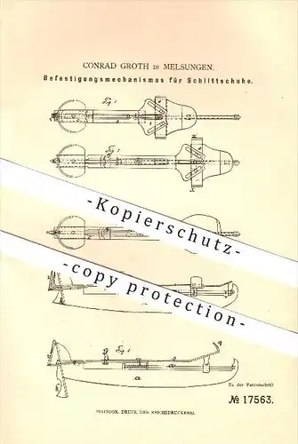 original Patent - Conrad Groth in Melsungen , 1881 , Befestigungsmechanismus für Schlittschuhe !!!