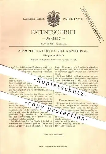 original Patent - Adam Zeile und Gottlob Zeile in Sindelfingen , 1888 , Ringverschluss , Schlosser !!!
