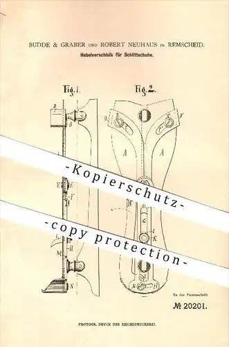 original Patent - Budde & Graber und Robert Neuhaus in Remscheid , 1882 , Hebelverschluss für Schlittschuhe !!!