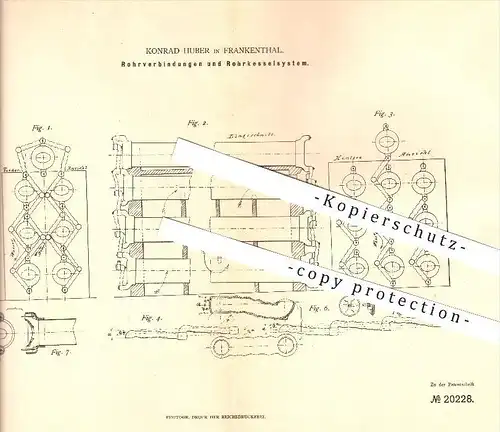 original Patent - Konrad Huber in Frankenthal , 1882 , Rohrverbindungen und Rohrkesselsystem , Dampfkessel !!!