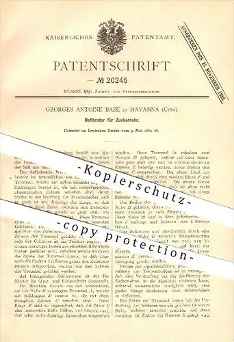 original Patent - Georges Antoine Bazé in Havanna , Cuba , 1882 , Defibrator für Zuckerrohr !!!