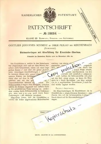 Original Patent -G.J. Schmidt in Ober Peilau / Pilawa Górna ,1880, Steinunterlage für Eisenbahn , Gnadenfrei , Schlesien