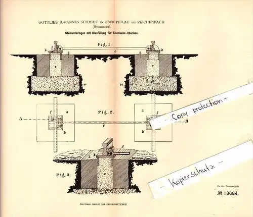 Original Patent -G.J. Schmidt in Ober Peilau / Pilawa Górna ,1880, Steinunterlage für Eisenbahn , Gnadenfrei , Schlesien