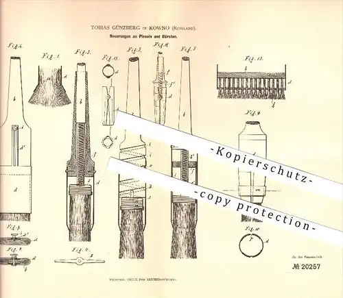 original Patent - Tobias Günzberg in Kowno / Kaunas , Russland , 1882 , Neuerungen an Pinseln und Bürsten !!!