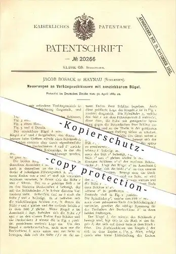 original Patent - Jacob Bosack in Haynau / Chojnów , Schlesien , 1882 , Vorhängeschloss mit ausziehbarem Bügel !!