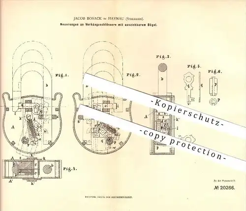 original Patent - Jacob Bosack in Haynau / Chojnów , Schlesien , 1882 , Vorhängeschloss mit ausziehbarem Bügel !!