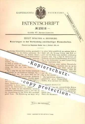 original Patent - Ernst Bergner in Bernburg , 1882 , Neuerungen in der Verbindung zweiteiliger Riemscheiben !!!