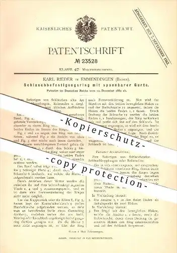 original Patent - Karl Rieder in Emmendingen , 1882 , Schlauchbefestigungsring mit spannbarer Gurte !!!