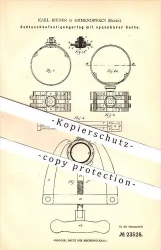original Patent - Karl Rieder in Emmendingen , 1882 , Schlauchbefestigungsring mit spannbarer Gurte !!!