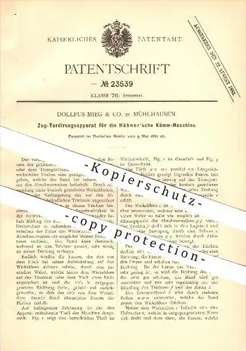 original Patent - Dollfus-Mieg & Co. in Mühlhausen , 1882 , Zugtordierungsapparat für die Hübner'sche Kämmmaschine !!!