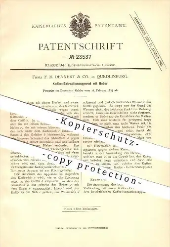 original Patent -  F. R. Dennert & Co. in Quedlinburg , 1883 , Kaffee Extraktionsapparat mit Heber , Haushalt !!!