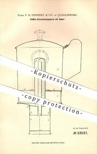 original Patent -  F. R. Dennert & Co. in Quedlinburg , 1883 , Kaffee Extraktionsapparat mit Heber , Haushalt !!!