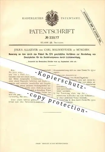 original Patent - Julius Allgeyer & Carl Bolhoevener in München , 1882 , Neuerung an der Herstellung von Druckplatten !!