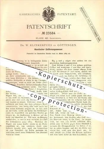 original Patent - Dr. W. Klinkerfues in Göttingen , 1883 , Akustischer Entfernungsmesser !!!