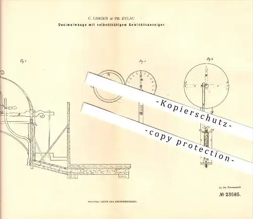 original Patent - C. Liskien in Pr. Eylau / Bagrationowsk , 1883 , Dezimalwaage mit Gewichtsanzeiger , Russland !!!