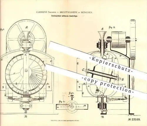 original Patent - Clemens Freiherr v. Bechtolsheim in München , 1882 , Kontinuierlich wirkende Zentrifuge !!!