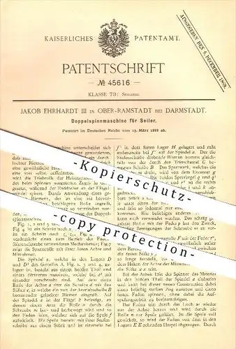 original Patent - Jakob Ehrhardt III in Ober-Ramstadt bei Darmstadt , 1888 , Doppelspinnmaschine für Seiler !!!