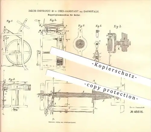 original Patent - Jakob Ehrhardt III in Ober-Ramstadt bei Darmstadt , 1888 , Doppelspinnmaschine für Seiler !!!