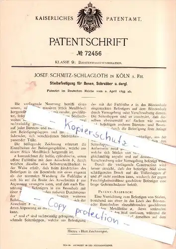Original Patent - Josef Schmitz-Schlagloth in Köln a. Rh. , 1893 , Stielbefestigung für Besen !!!