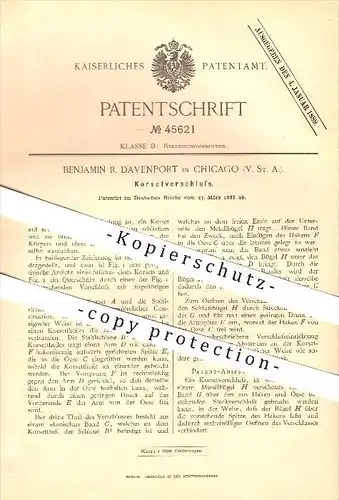 original Patent - Benjamin R. Davenport in Chicago , Amerika , 1888 , Korsettverschluss , Korsett , Corset , Mode !!!