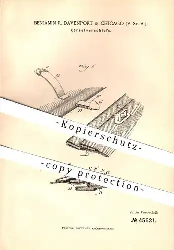 original Patent - Benjamin R. Davenport in Chicago , Amerika , 1888 , Korsettverschluss , Korsett , Corset , Mode !!!