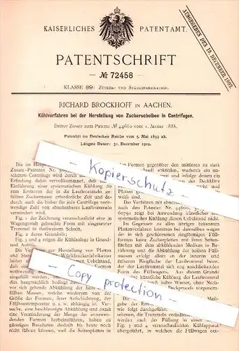 Original Patent - R. Brockhoff in Aachen , 1893 , Herstellung von Zuckerscheiben in Centrifugen !!!