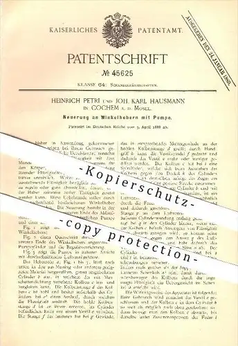 original Patent - Heinrich Petri & J. Hausmann in Cochem a.d. Mosel , 1888 , Winkelheber mit Pumpe !!!