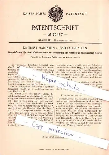 Original Patent - Dr. E. Hartstein in Bad Oeynhausen , 1892 , Doppel-Canüle für den Luftröhrenschnitt !!!