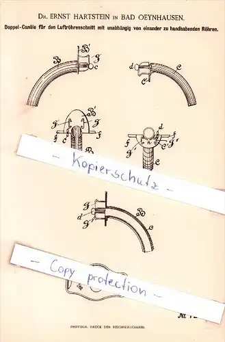 Original Patent - Dr. E. Hartstein in Bad Oeynhausen , 1892 , Doppel-Canüle für den Luftröhrenschnitt !!!