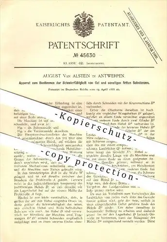 original Patent - August Van Alstein in Antwerpen / Anvers ,1888 , Apparat zum Bestimmen der Schmierfähigkeit von Öl !!