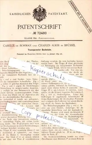 Original Patent - Camille de Borman und Charles Alker in Brüssel , 1893 , Transparenter Buchstabe ,  Bruxelles !!!