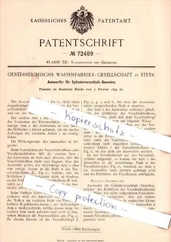 Original Patent - Oesterreichische Waffenfabriks-Gesellschaft in Steyr , 1893 , Schusswaffen !!!