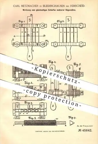 original Patent - Carl Metzmacher in Bliedinghausen bei Remscheid , 1888 , Werkzeug zum Schärfen mehrerer Sägezähne !!!