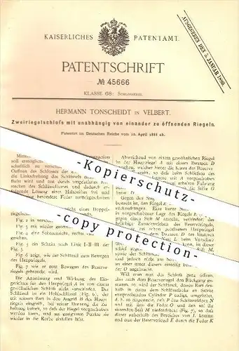 original Patent - H. Tonscheidt in Velbert , 1888 , Zweiriegelschloss mit unabhängig von einander zu öffnenden Riegeln !