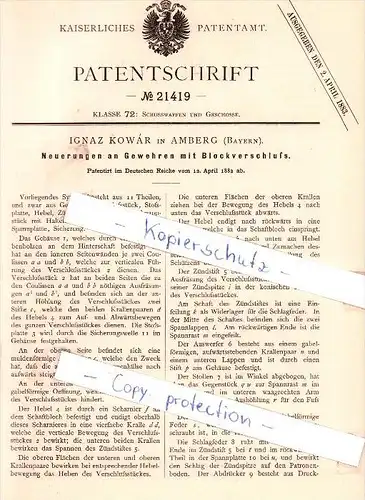 Original Patent - Ignaz Kowar in Amberg , Bayern , 1882 , Gewehr mit Blockverschluß , Jagd , Waffe  !!!