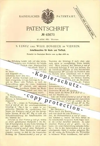 original Patent - S. Lentz & Wilh. Bosheck in Viersen , 1888 , Schaftmaschine für Hoch- und Tieffach , Weber !!!