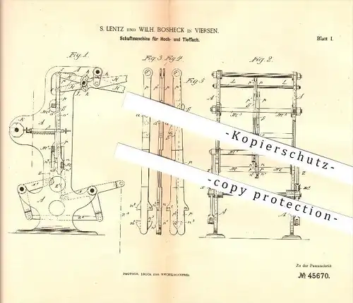 original Patent - S. Lentz & Wilh. Bosheck in Viersen , 1888 , Schaftmaschine für Hoch- und Tieffach , Weber !!!