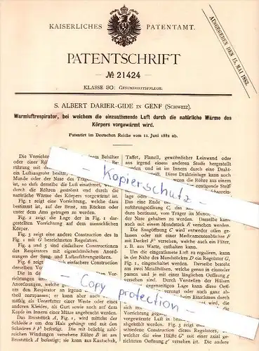 Original Patent - S. Albert Darier-Gide in Genf , Schweiz , 1882 , Warmluftspirator !!!