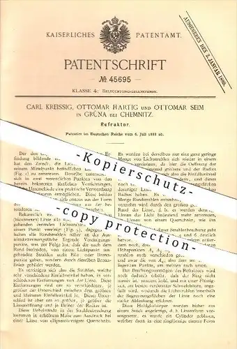 original Patent - C. Kreissig , O. Hartig , O. Seim in Grüna baei Chemnitz , 1888 , Refraktor , Beleuchtung !!!