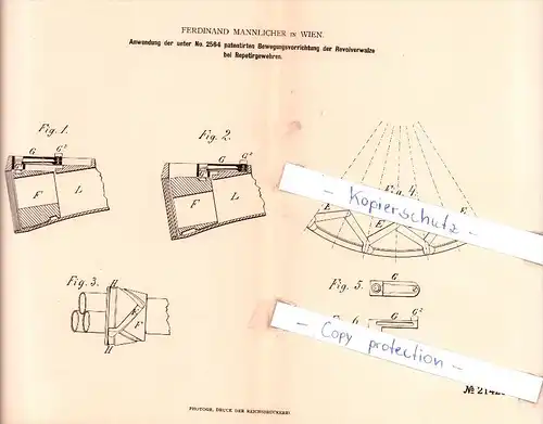 Original Patent -  Ferdinand  Mannlicher in Wien , 1881 , Bewegungsvorrichtung bei Reptirgewehren !!!