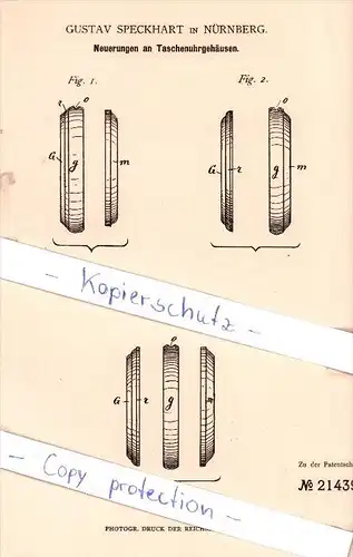 Original Patent - Gustav Speckhart in Nürnberg , 1882 , Neuerungen an Taschenuhrgehäusen !!!