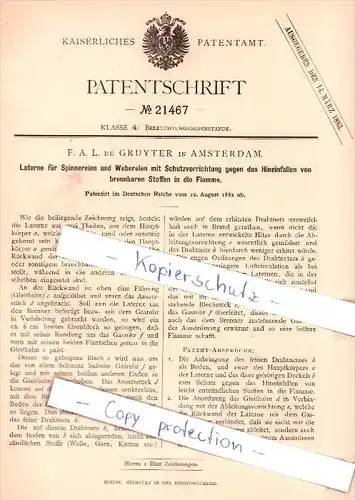 Original Patent - F. A. L. de Gruyter in Amsterdam , 1882 , Laterne für Spinnereien und Webereien  !!!