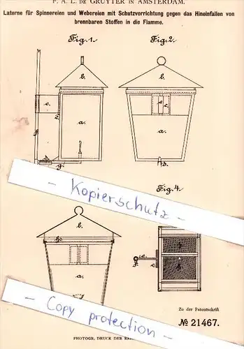 Original Patent - F. A. L. de Gruyter in Amsterdam , 1882 , Laterne für Spinnereien und Webereien  !!!