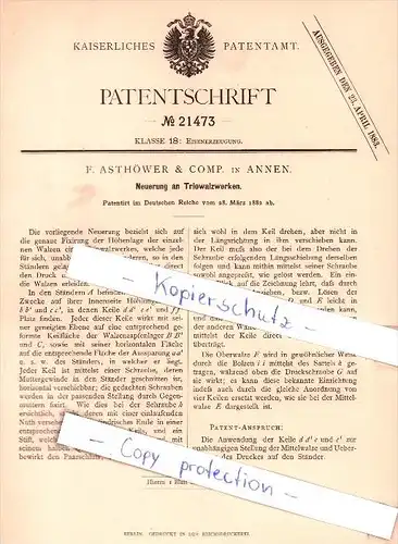 Original Patent - F. Asthöwer & Comp. in Annen b. Witten , 1882 , Neuerung an Triowalzwerken  !!!
