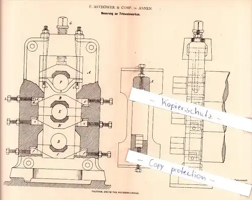 Original Patent - F. Asthöwer & Comp. in Annen b. Witten , 1882 , Neuerung an Triowalzwerken  !!!